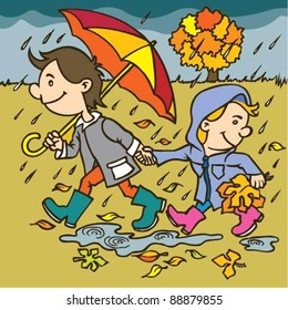 Autumn illustration.Hand drawing illustration of a two kids in autumn seasons.