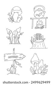 Autumn Illustrations For Adult And Children'S Coloring Pages Feature A Mushroom, A Stump, A Cup, And A Teapot On A Fire