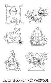 Autumn Illustrations For Adult And Children'S Coloring Page Feature A Pot On A Fire, Backpack, Cup, Envelope With Autumn Leaves, And A Retro Lantern