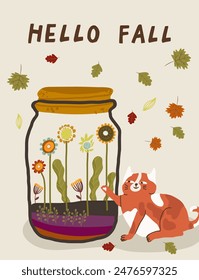 Autumn illustrations with cat and huge jar with autumn flowers. Vertical cards. Hand drawn graphics and textures. Autumn vibes, Thanksgiving, Vector template design.