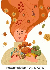 Autumn illustrations with autumn forest, wood, woman, girl character. Vertical cards. Hand drawn graphics and textures. Autumn vibes, Thanksgiving, Vector template design.