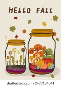 Autumn illustrations with huge jar with autumn flowers, forest, wood. Vertical cards. Hand drawn graphics and textures. Autumn vibes, Thanksgiving, Vector template design.