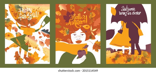 Autumn illustrations. A metaphorical image of autumn in the image of a young red-haired girl. Image of a romantic couple walking in the autumn park. Freehand drawings for a poster, banner or card 