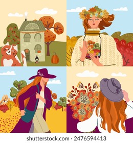 Autumn illustrations with people and nature. Different characters of women, trending women, ladies. Hand drawn graphics and textures. Autumn vibes, Thanksgiving, Vector arts set.