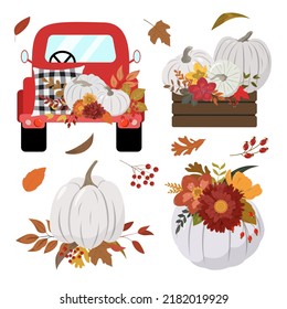 Autumn illustrations set. Red pickup truck, rustic wood crate, pastel pumpkins, flowers, leaves, and foliage. Isolated elements on white background. Fall Thanksgiving, harvest graphic design