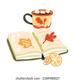 Ilustración de otoño con un libro abierto, taza de cacao con malvaviscos, rodajas de naranja y hojas. Caer objetos decorativos. Estética de higge cálida. Estilo de dibujos a mano de dibujos planos