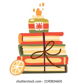 Autumn ilustration with stack of books, burning candle and slice of dry orange. Fall decorative objects. Warm hygge aesthetics. Flat cartoon hand-drawn style