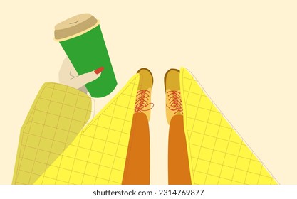 Autumn image, a girl in a coat with a coffee cup in her hand. Foreshortening top view, vector image