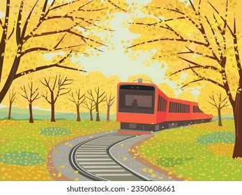 Autumn image. Local train and autumn trees.