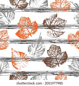 Autumn imprint leaves pattern background. crazy beautiful watercolor pattern of leaves. Fabric texture.