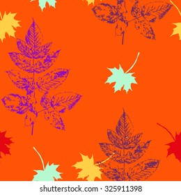 Autumn imprint  leaves pattern background. Colored art vector autumn leaves pattern. Fabric texture. Beautiful seamless texture background imprint. Bright autumn colors.