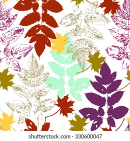 Autumn imprint leaves pattern background. Colored art vector autumn leaves pattern. Fabric texture. Beautiful seamless texture background imprint. Bright autumn colors.