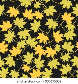 Autumn imprint leaves pattern background. Colored art vector autumn leaves pattern. Fabric texture. Beautiful seamless texture background imprint. Gold maple leaves on black background.