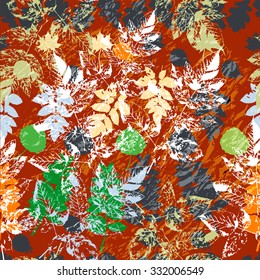Autumn imprint leaves pattern background. Colored art vector autumn leaves pattern. Fabric texture. Beautiful seamless texture background imprint. Bright autumn colors.