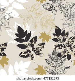 Autumn imprint leaves pattern background. Colored art vector autumn leaves pattern. Fabric texture. Beautiful seamless texture background imprint.