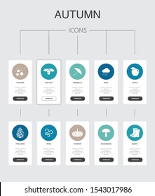 Autumn Infographic 10 steps UI design.oak nut, rain, wind, pumpkin simple icons