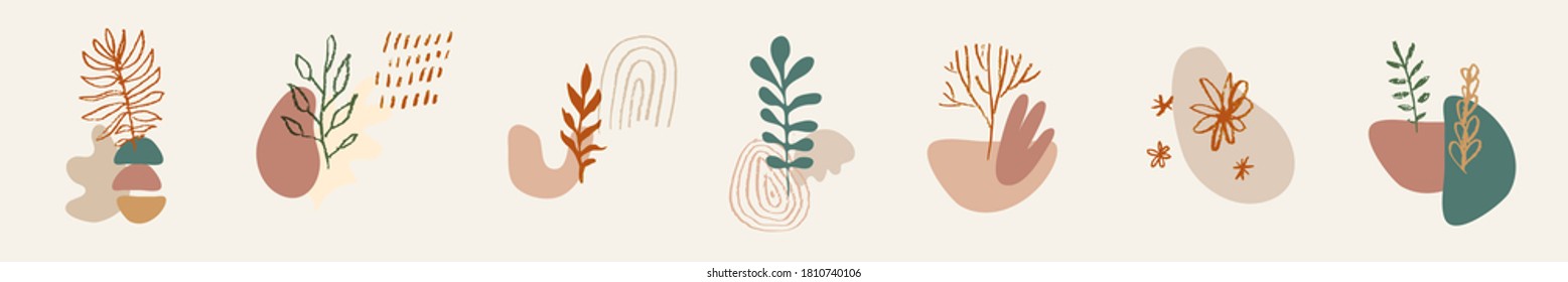 Autumn inspired abstract hand drawn compositions with fluid organic shapes for e-commerce, social marketing, prints. Trendy earthy pastel neutral brown terracotta colors. Vector floral illustration