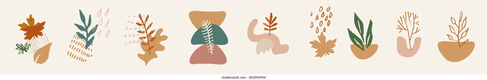 Autumn inspired abstract hand drawn compositions with fluid organic shapes for e-commerce, social marketing. Trendy earthy pastel neutral brown terracotta colors. Vector floral illustration