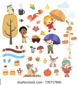 Autumn inspired design elements with children and animals