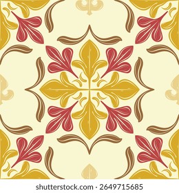 Autumn Inspired Red and Golden Maple Leaves Medieval Rococo Style Seamless Pattern on Light Yellow Background. Delicate Warmth Sunset Botany for Luxury Elegance Design Tiles Wallpaper Curtain Shirt 