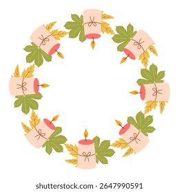 Autumn inspired vector round frame with candles and leaves in minimal flat design. Hand drawn illustration for cards, banners, social media