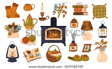 Autumn interior decoration elements. Vector icon for indoor house or home ornament, room furniture. Fall herbarium in vase and warm socks, slippers, candle and book pile, fireplace. Thanksgiving.