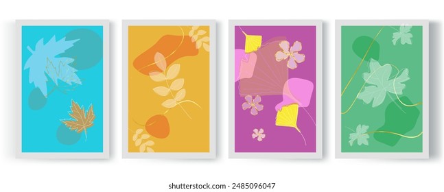 Cuadros de interior de otoño, conjunto de 4 ilustraciones, brillante y de moda para la decoración del hogar. Hojas y líneas doradas con Elementos abstractos. cartel de Galería