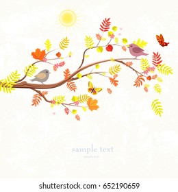 autumn invitation card with branch of tree and a cute birds for your design