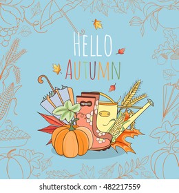 Autumn invitation card can be used as invitation card, postcard or website banner. Season hand drawn greeting card. Vector illustration.