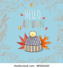 Autumn invitation card can be used as invitation card, postcard or website banner. Season hand drawn greeting card. Vector illustration.
