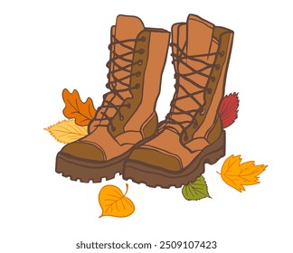 autumn isolated illustration with high hiking boots and fallen leaves. autumn mood picture for postcard, banner, poster, evoke cozy, outdoor vibes, poster, sale banner