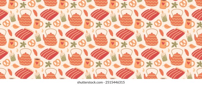 Autumn item repeat pattern. Fall season background. Autumnal vibe. Warm and cozy