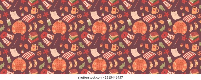 Autumn item repeat pattern. Fall season background. Autumnal vibe. Warm and cozy