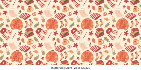 Autumn item repeat pattern. Fall season background. Autumnal vibe. Warm and cozy