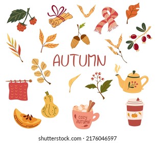 Autumn items. Autumn bundle of cute and cozy design elements. Greeting card small autumn pleasures with tea, pumpkin, leaves, berries and sweets poster template. Vector flat cartoon illustration