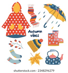 Autumn items, clothes, accessories, vector illustration. Hand drawn set with kettle,umbrella, rubber boots, raincoat, hat, socks and rain. Cute cozy colorful illustration.