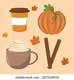 
autumn items coffee pumpkin cinnamon and hot chocolate. Cozy autumn. Orange colors