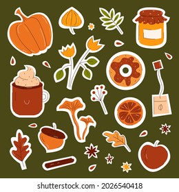 Autumn items and elements with pumpkin, leaves and mushrooms for stickers and badges designs in flat style. Vector stock illustration