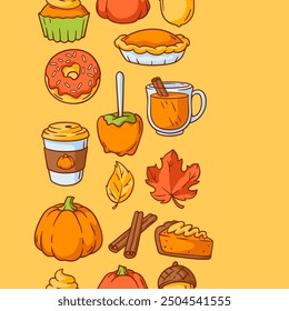 Autumn items and food pattern. Happy Thanksgiving Day and Halloween traditional symbols.