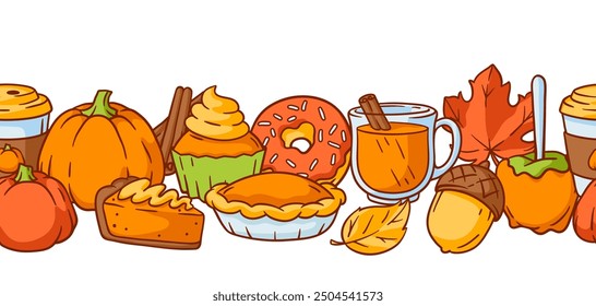 Autumn items and food pattern. Happy Thanksgiving Day and Halloween traditional symbols.