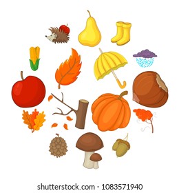 Autumn items icons set. Cartoon illustration of 16 autumn items vector icons for web