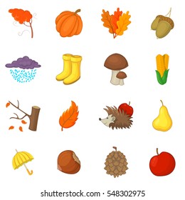 Autumn items icons set. Cartoon illustration of 16 autumn items vector icons for web