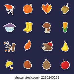 Autumn items icons set stikers collection vector with shadow on purple background