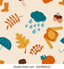 Autumn items seamless pattern: sweater, umbrella, mushroom, leaves, rain drops and boots. Flat vector illustration.