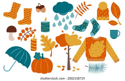 Autumn items set: leaves, pumpkin, sweater, candles and other. Fall season elements isolated vector illustration.