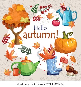 autumn items, autumn set, stickers, autumn theme, autumn background, poster, cover, postcard