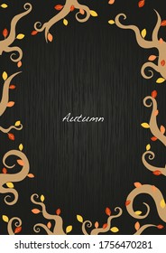 Autumn ivy and leaves frame vector on wood blackboard background for decoration on Halloween festival and Thanksgiving events.