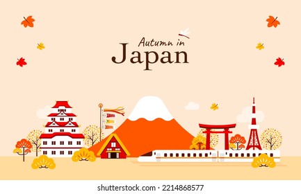 Autumn in Japan background vector illustration. Beautiful tourist attraction landscape flat design