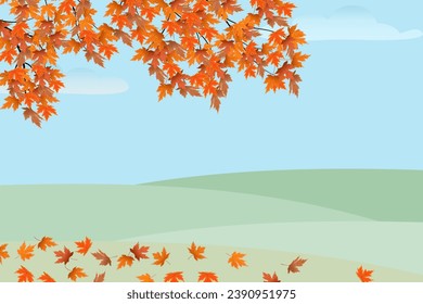 Autumn Japanes maple Landscape Background Sunset on the mountain. Maple leaves tree. Vector cartoon in Fall season forest orange leaf sunset sky. Illustration banner poster of farmland. Copy space. 3D