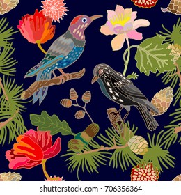 Autumn Japanese garden. Seamless oriental pattern with Victorian motifs. Blooming  flowers, pine branches, acorns and birds. Vintage textile collection. Colorful on dark blue.
